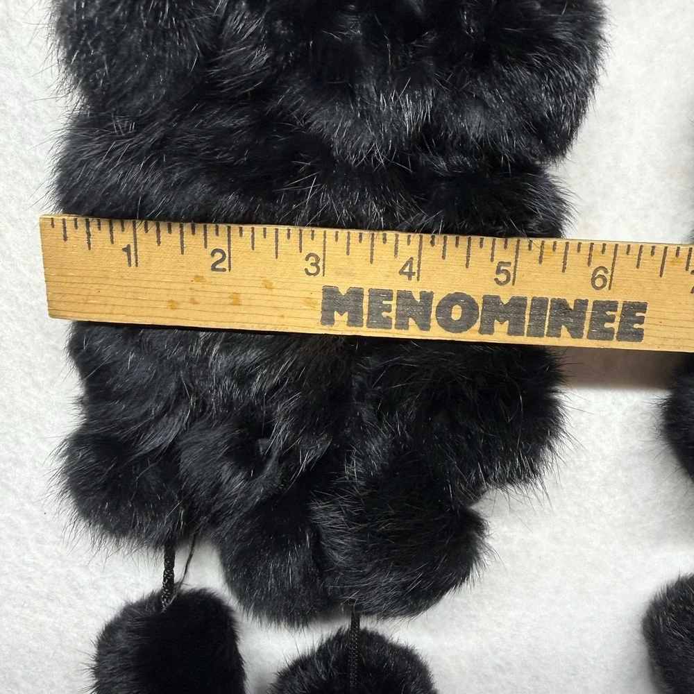 Genuine Rabbit Fur Pom Pom Scarf Black Natural Elegant Quiet Luxury Boho Ski